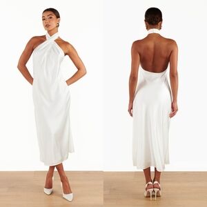 Show Me Your MUMU Jasmine Halter Ivory Luxe Satin Midi Dress Wedding Party Prom